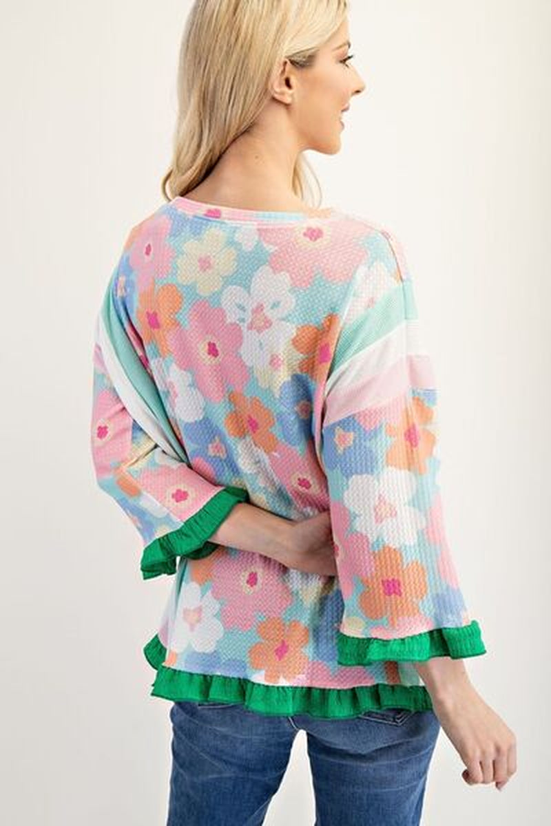 Celeste Full Size Floral Ruffle Hem round Neck Blouse plus Size
