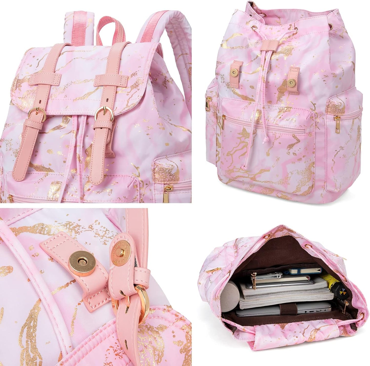 Backpack Women College Bookbag Lady Travel Rucksack 15.6Inch Laptop Bag (Marble Pink)