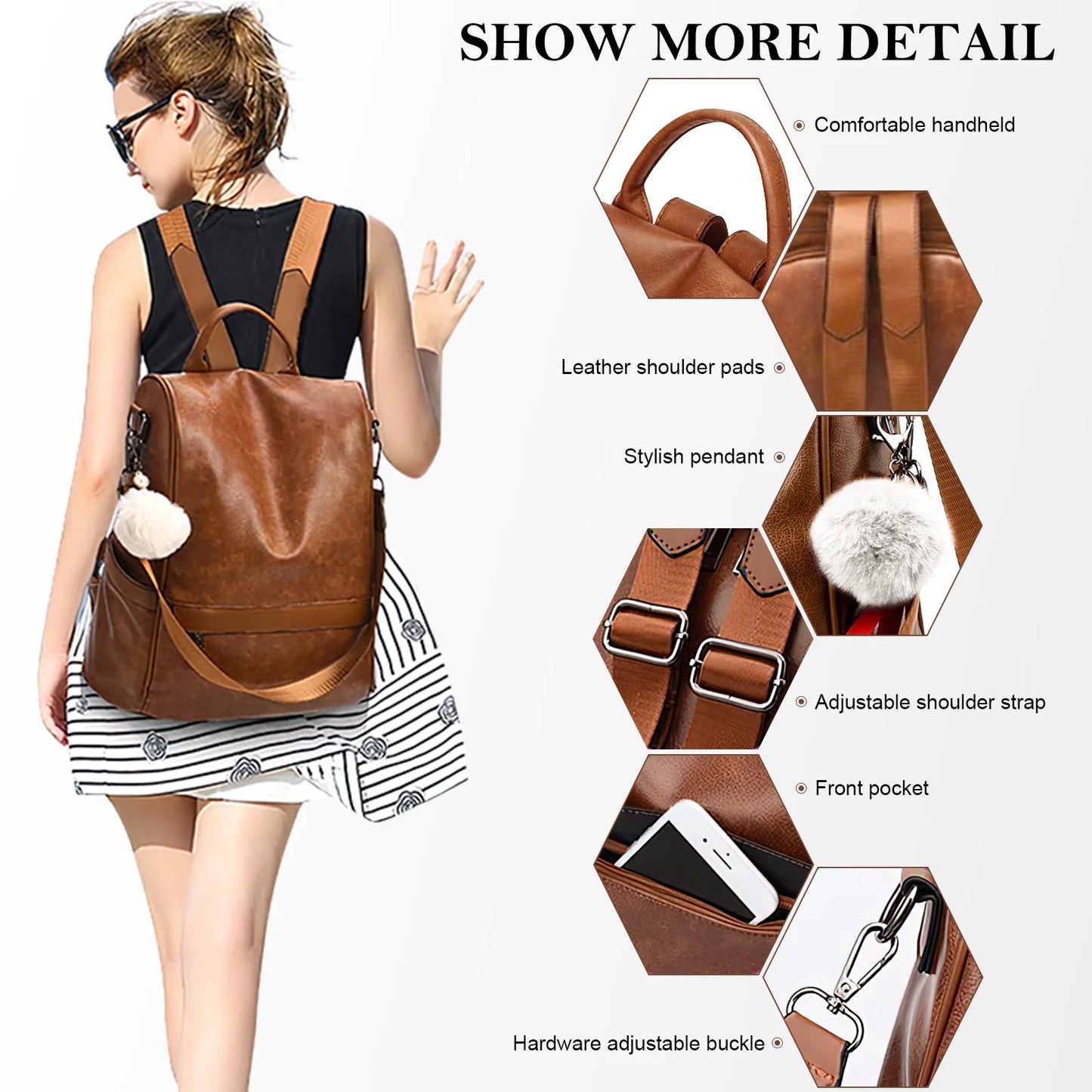 Womens Casual Backpack Purse, PU Leather Anti-Theft Backpack for Women, Stylish Travel Shoulder Bag Brown