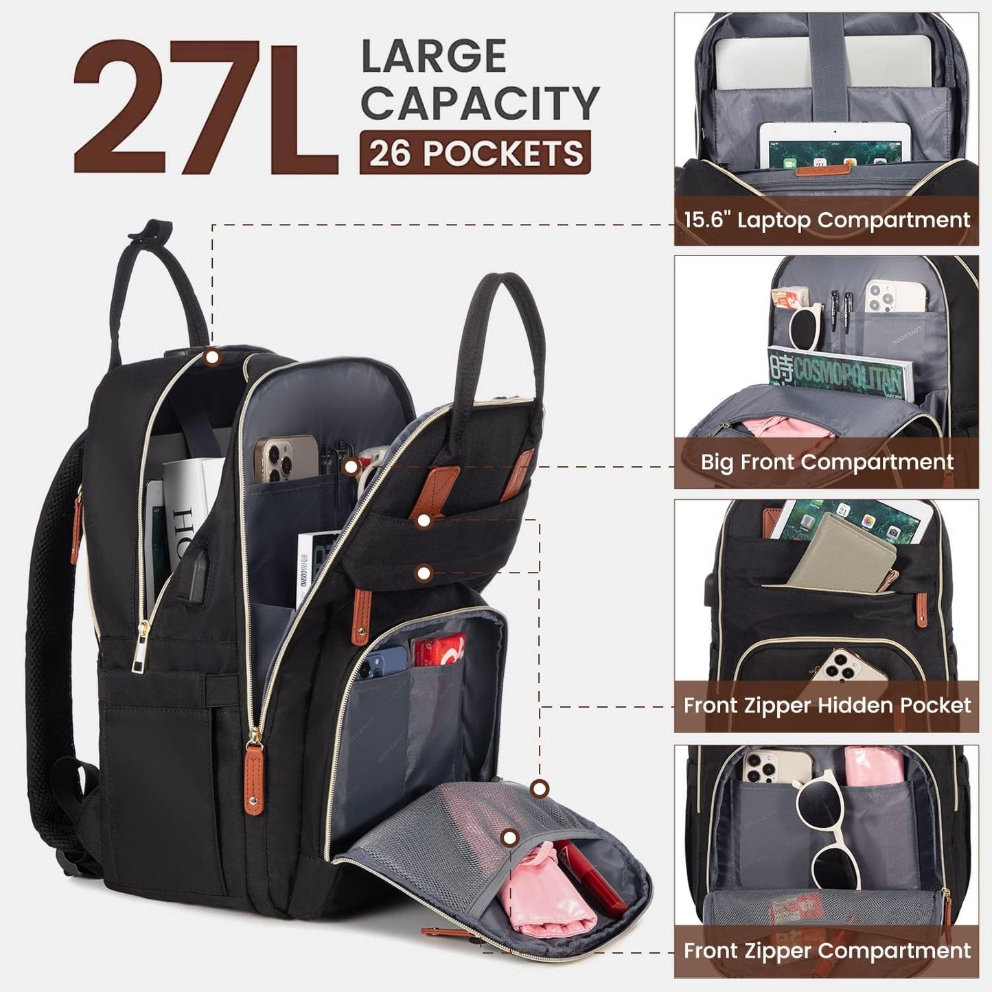 Laptop Backpack for Women, Unisex Travel Anti-Theft Bag, Business Work Computer Backpacks Purse College Backpack for Men, Casual Hiking Daypack with Lock, 15.6 Inch, Black