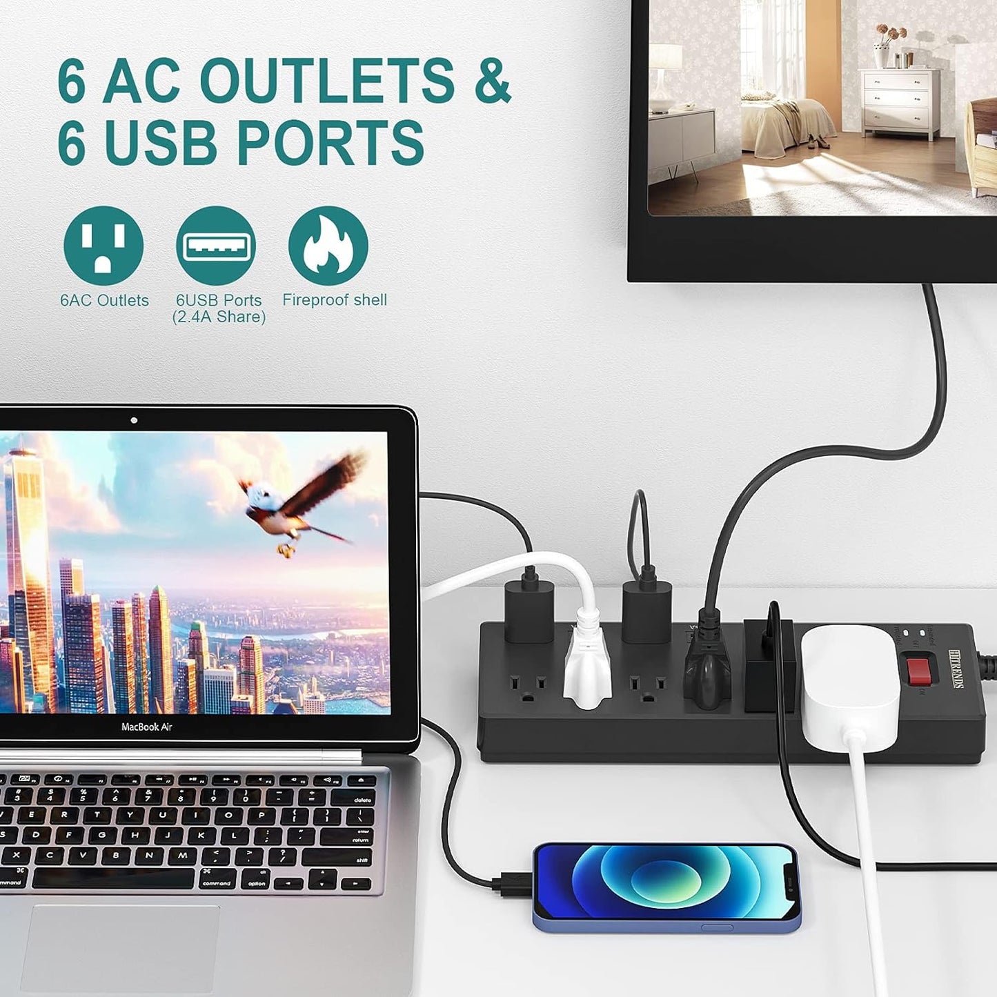 Power Strip, Surge Protector with 6 AC Outlets & 6 USB Charging Ports, 6 Feet Heavy Duty Extension Cord, 1625W/13A Multiplug for Home Office & Multiple USB Devices - Black