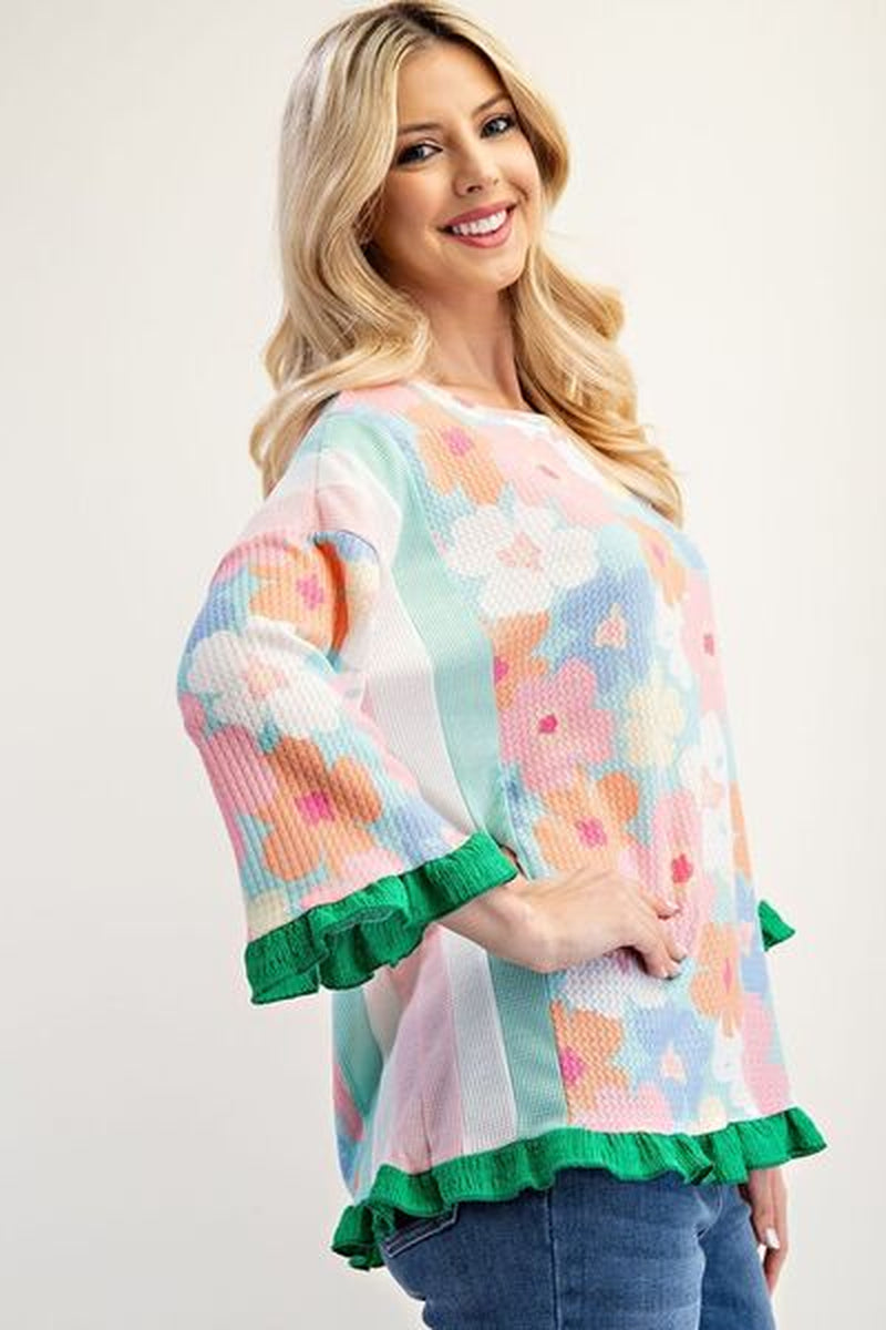 Celeste Full Size Floral Ruffle Hem round Neck Blouse plus Size