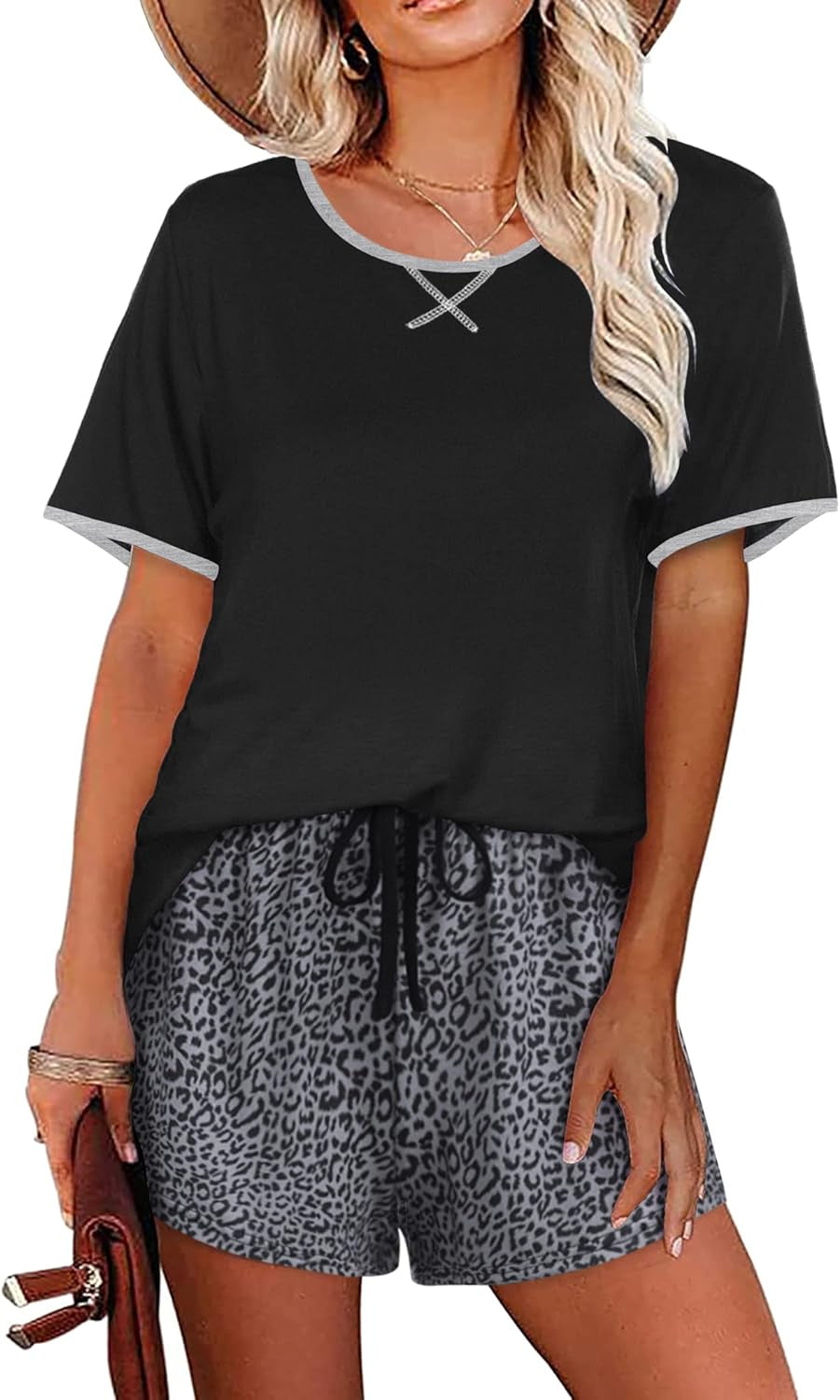 Pajamas Set Women Short Sleeve Sleepwear Shorts Set Lounge Pj Set Blackleopard