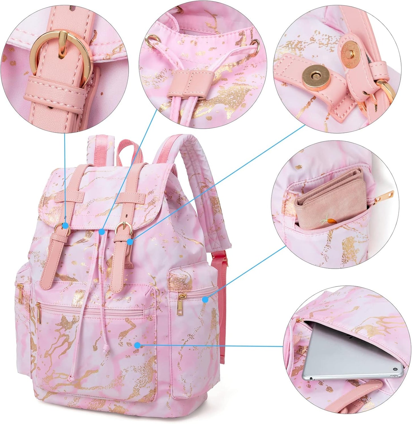 Backpack Women College Bookbag Lady Travel Rucksack 15.6Inch Laptop Bag (Marble Pink)