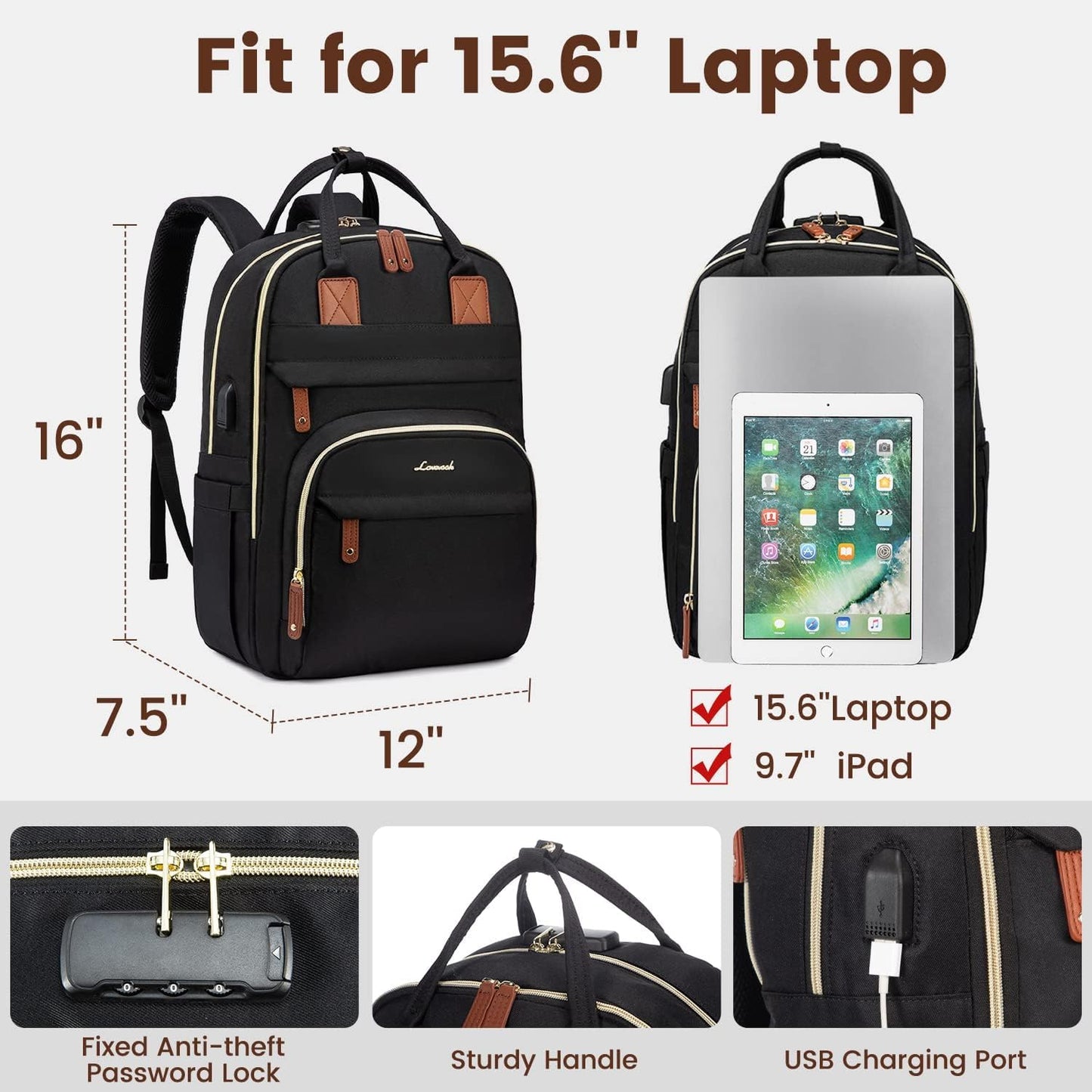 Laptop Backpack for Women, Unisex Travel Anti-Theft Bag, Business Work Computer Backpacks Purse College Backpack for Men, Casual Hiking Daypack with Lock, 15.6 Inch, Black