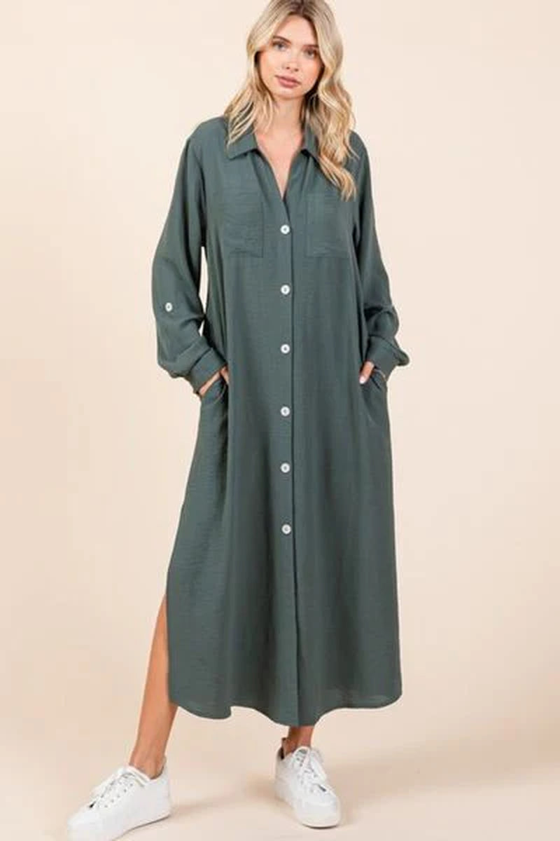 Mittoshop Airflow V-Neck Long Sleeve Button down Maxi Dress