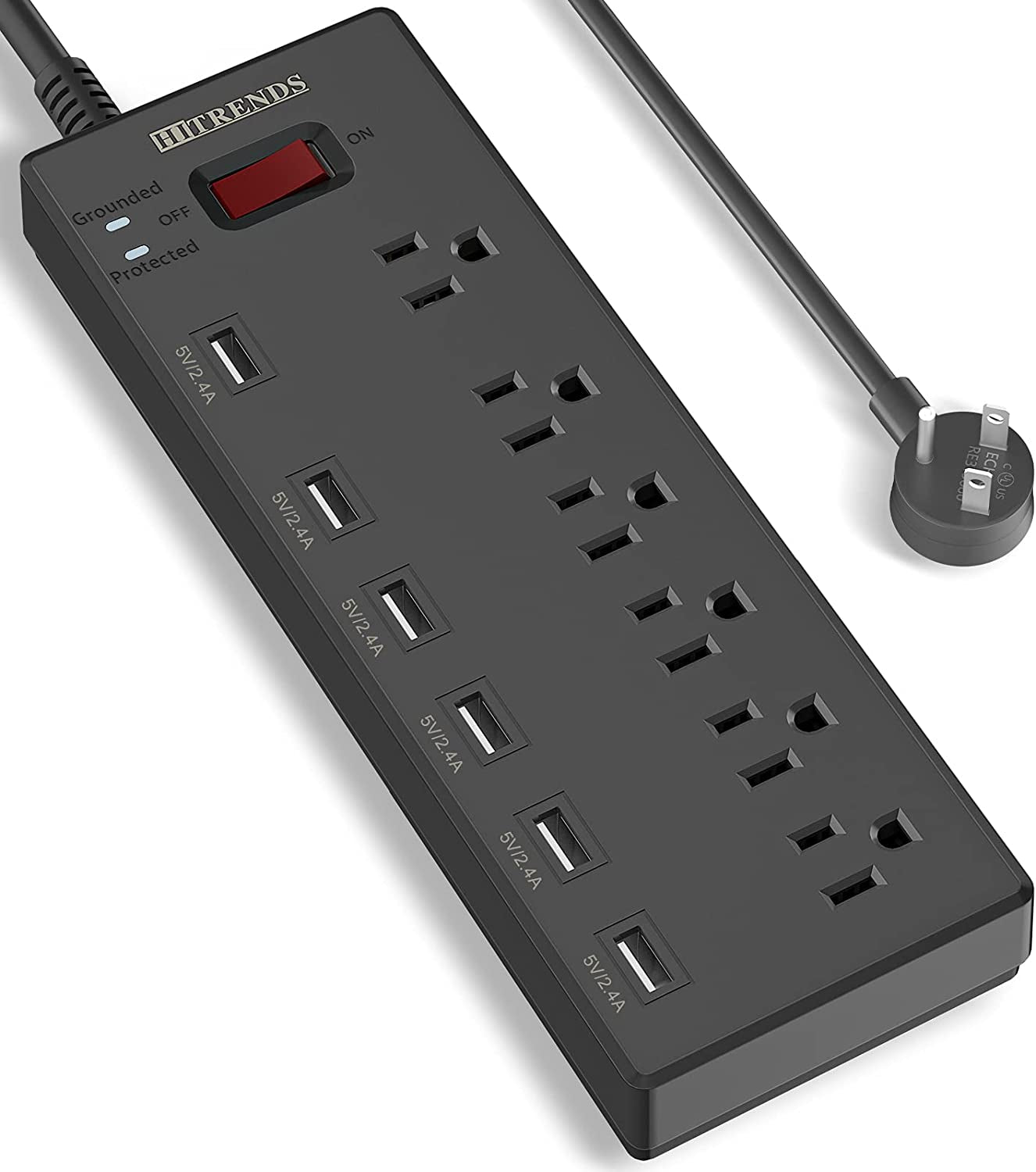 Power Strip, Surge Protector with 6 AC Outlets & 6 USB Charging Ports, 6 Feet Heavy Duty Extension Cord, 1625W/13A Multiplug for Home Office & Multiple USB Devices - Black