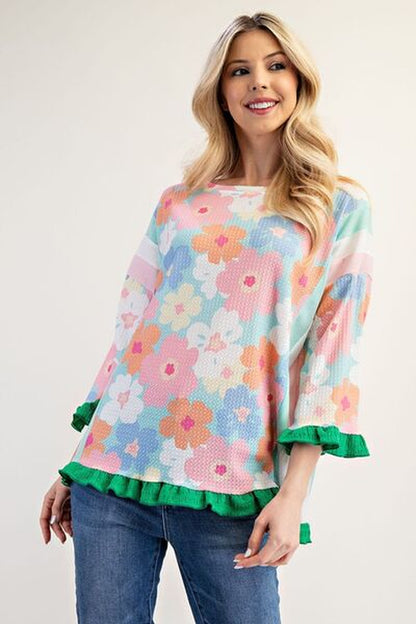 Celeste Full Size Floral Ruffle Hem round Neck Blouse plus Size