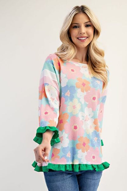 Celeste Full Size Floral Ruffle Hem round Neck Blouse plus Size