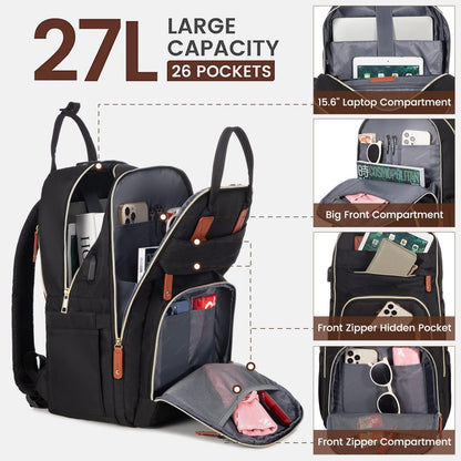 Laptop Backpack for Women, Unisex Travel Anti-Theft Bag, Business Work Computer Backpacks Purse College Backpack for Men, Casual Hiking Daypack with Lock, 15.6 Inch, Black