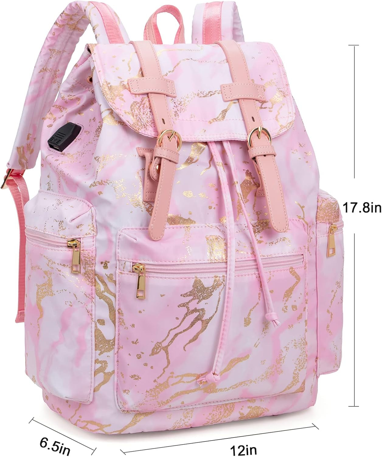 Backpack Women College Bookbag Lady Travel Rucksack 15.6Inch Laptop Bag (Marble Pink)