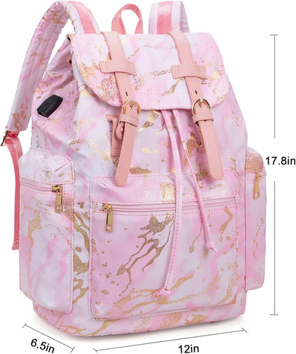 Backpack Women College Bookbag Lady Travel Rucksack 15.6Inch Laptop Bag (Marble Pink)