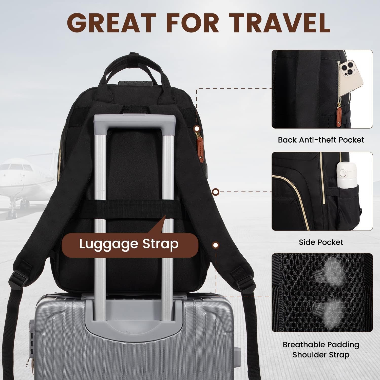 Laptop Backpack for Women, Unisex Travel Anti-Theft Bag, Business Work Computer Backpacks Purse College Backpack for Men, Casual Hiking Daypack with Lock, 15.6 Inch, Black