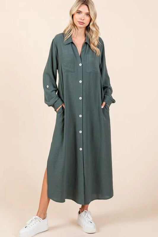 Mittoshop Airflow V-Neck Long Sleeve Button down Maxi Dress