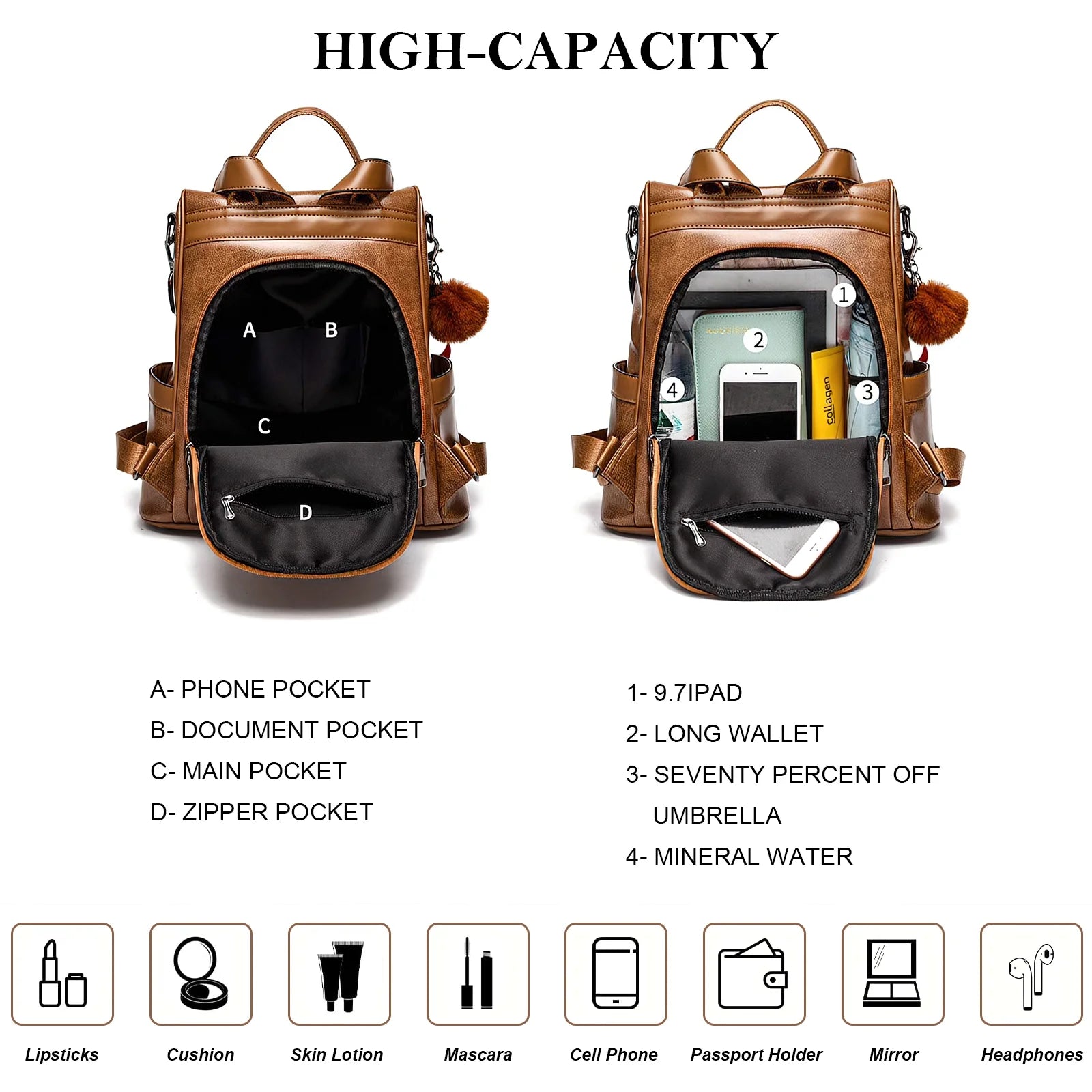Womens Casual Backpack Purse, PU Leather Anti-Theft Backpack for Women, Stylish Travel Shoulder Bag Brown